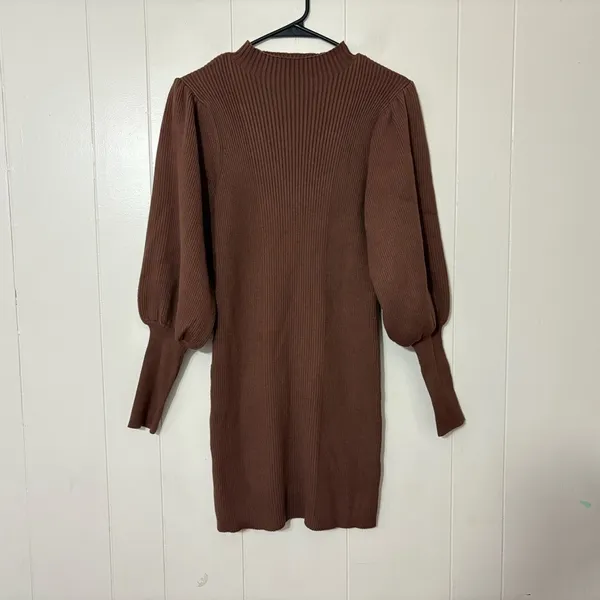 AVANTLOOK Bubble Sleeve Ribbed Sweater Mini Dress Brown NWT Size S - Image 3