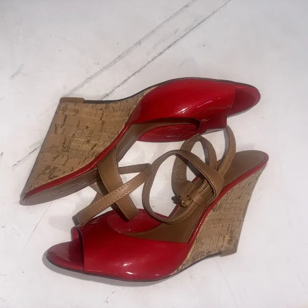 Tory Burch Red Patent Leather Cork Wedge Ankle Strap Peep Toe Sandals size 7.5 M - Image 6
