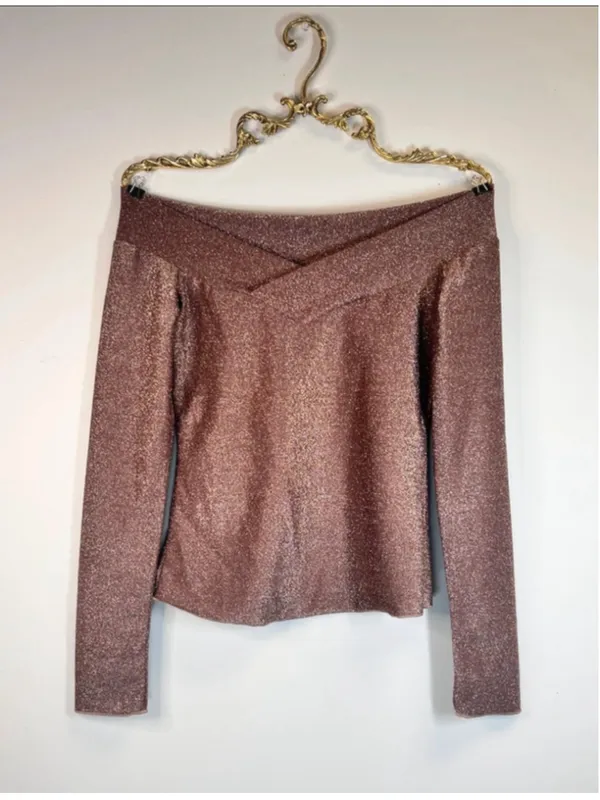 Metallic Rose Gold Off-Shoulder Long Sleeve Top Medium - Image 3