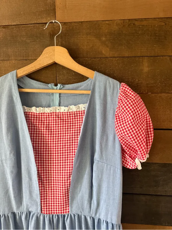Vintage Handmade Blue Red Gingham Prairie Dress Cottagecore Puff Sleeve - Image 6