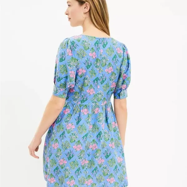 LOFT Women’s 2 Floral Babydoll Dress Blue Linen Blend Scoop‎ Neck Puff Sleeve - Image 2