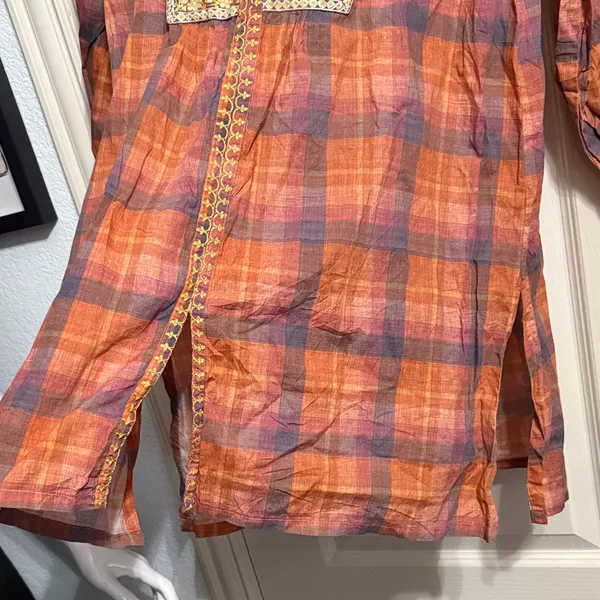 Earthy‎ Plaid Embroidered Trim Boho Tunic Cottagecore Lagenlook Natural Fibers - Image 8