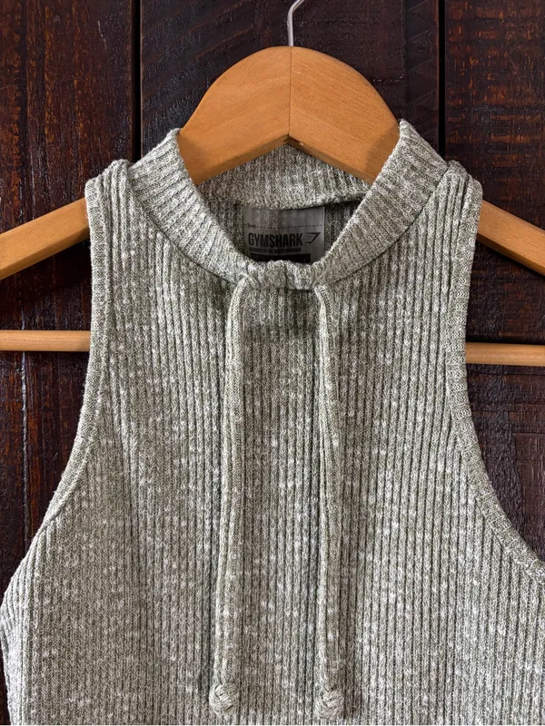 Gymshark Slounge Khaki Green Ribbed Cropped Tank with Drawstring - Image 2