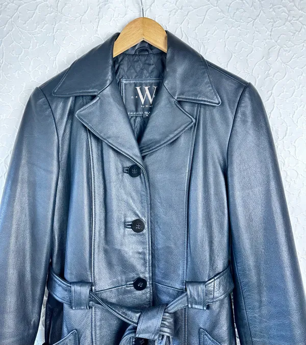 Winlit Vintage Leather Women's Jackets Size M Soft Black Warm Trench Coat Belt - Image 4