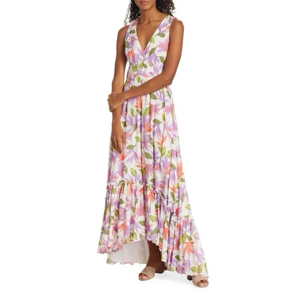 Ramy Brook Miles Floral V-Neck Sleeveless Maxi Dress High Low Hem Size‎ 4 - Image 2