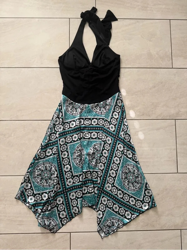 Dressbarn Size 6 Y2K Boho Halter Dress Teal Medallion Handkerchief Hem Ruched - Image 6