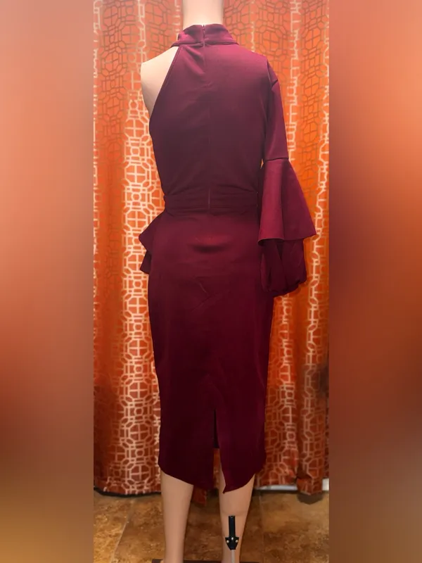 SHEIN Burgundy One Shoulder Bell Sleeve Midi Dress Size Medium - Image 3