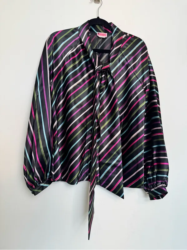 kate spade Black Satin Tie-Neck Blouse with Pink, Green, Blue and White Stripes - Image 8