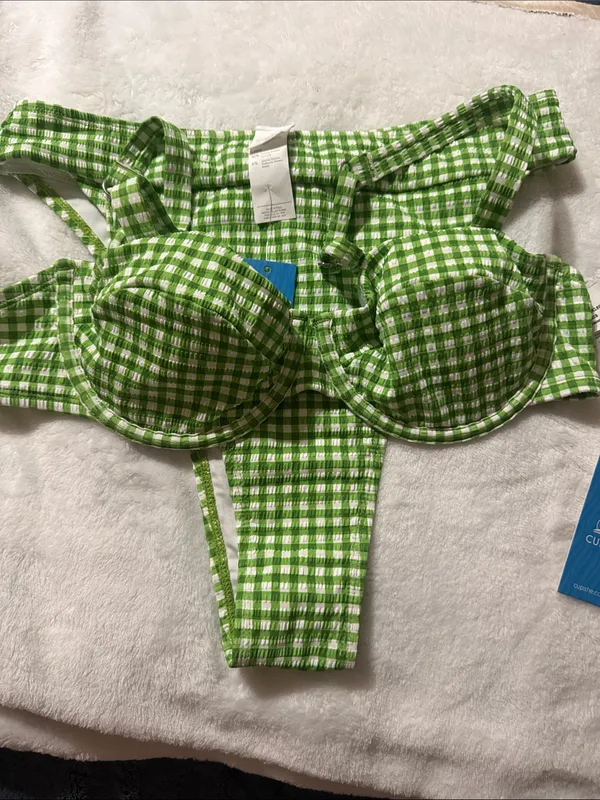 Cupshe Woman’s Green Gingham High-Waist Bikini Set Medium Removable Padding UW - Image 4