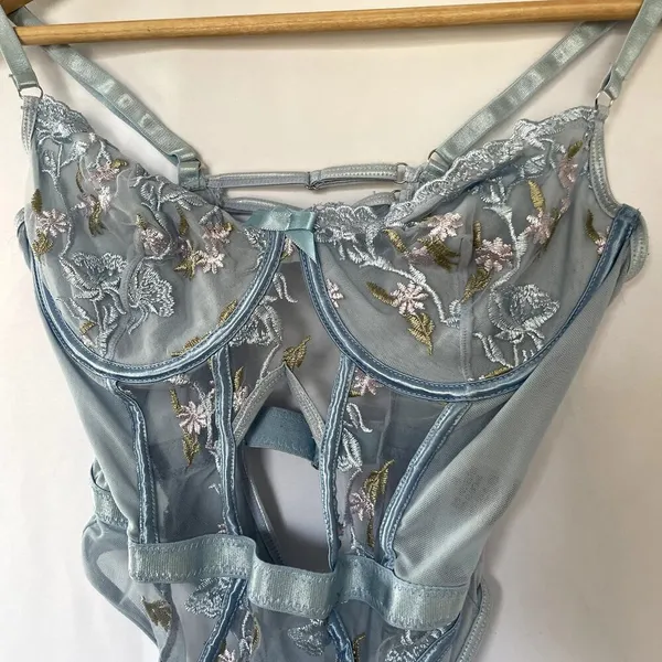 Unbranded Floral Lace Lingerie Teddy S Blue Women Embroidered Sheer Bodysuit - Image 2