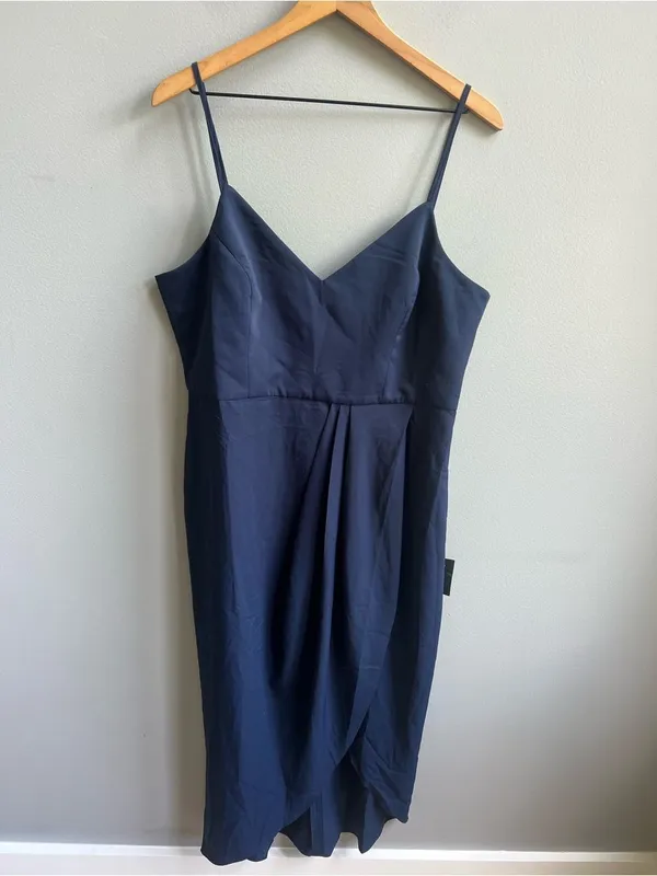 Lulus NWT Reinette Navy Blue Midi Dress Spaghetti Strap Wrap Front Slit Size XL - Image 5