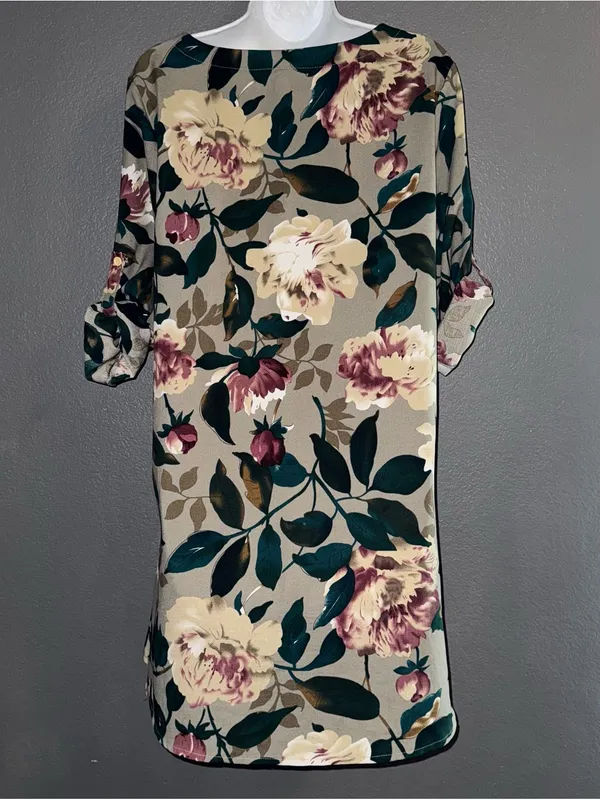 Women’s Floral Boutique Shift Short Sleeve Beige Brown Dress size Large - Image 5