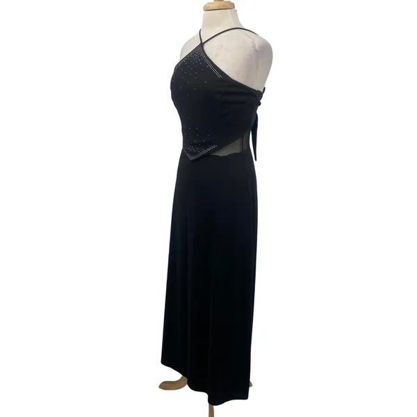 Vintage 90s Y2k Dave & Johnny Beaded Halter Neck Gown Sheer Tie Back Black 8 - Image 6