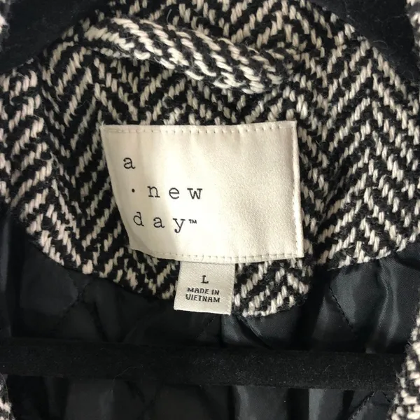 A New Day Herringbone Double-Breasted Coat Black/White Wool Blend Womens L - Image 4