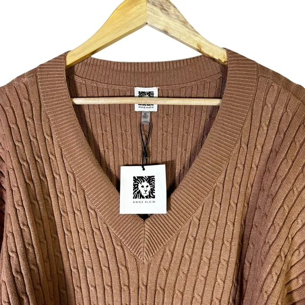 NWT Anne Klein Cable Knit V-Neck Sweater Cognac Brown Classic Preppy Size XL - Image 3