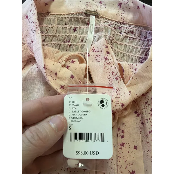 Free People Blouse Sz S Pink Ruffle Tie Neck‎ Sheer Boho OB1828859 Flowy - Image 6