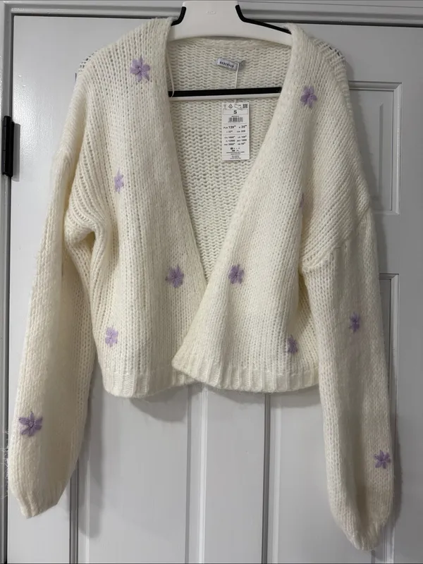 Reserved Women’s Cream Open Front Knit Cardigan with Lilac Floral Detail Size S - Image 6