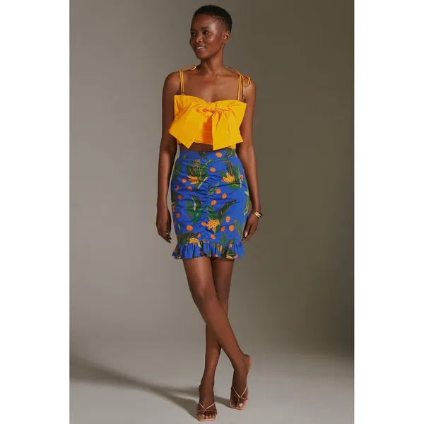 NWT Farm Rio Anthropologie Ruched Mini Skirt Small Blue Tropical‎ Fruit Vacation - Image 14