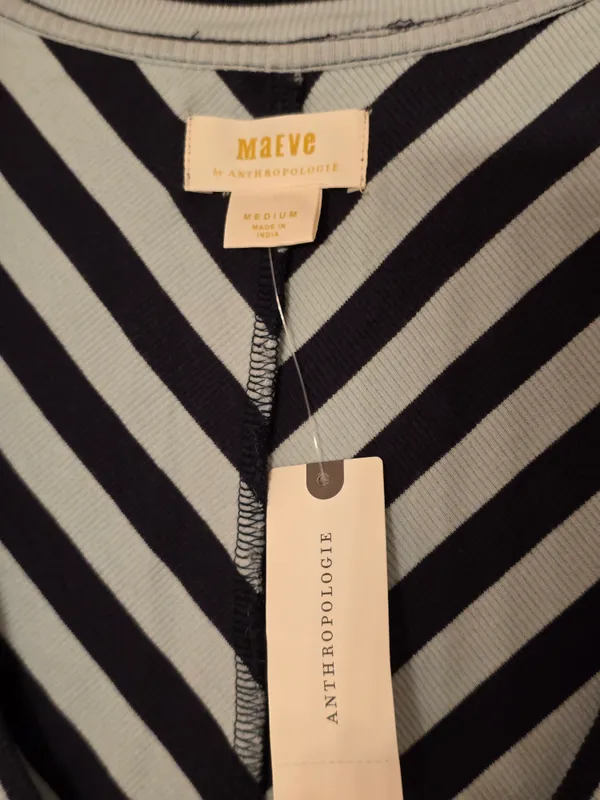 Anthropologie Navy and White Striped Zip-Front Button Down Top Medium - Image 4