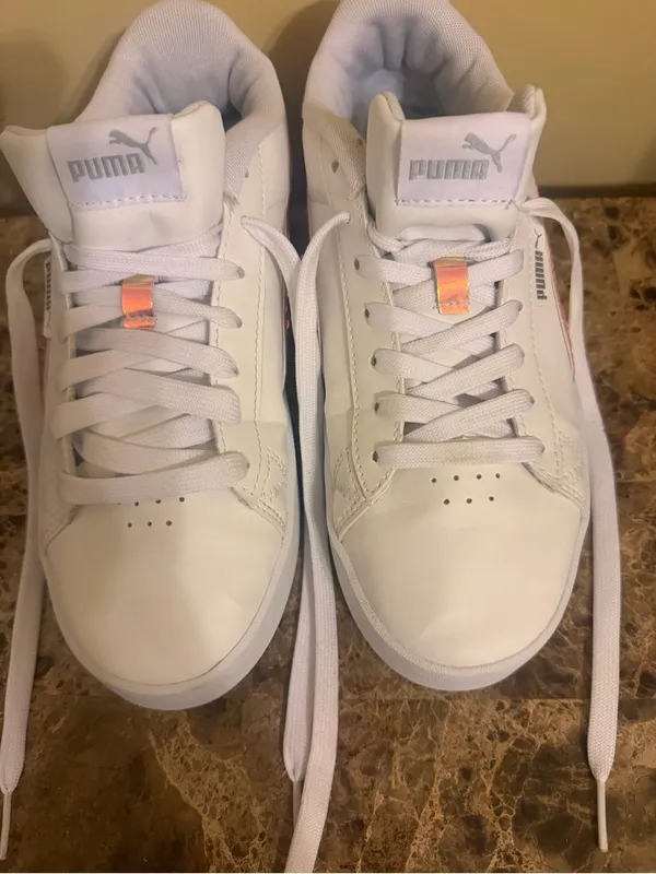 Puma White Leather Sneakers with Iridescent Lace Tabs - Image 2