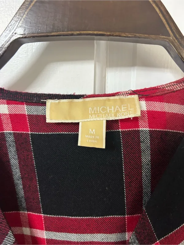 Michael Kors Red and Black Plaid V-Neck Tunic - Image 2
