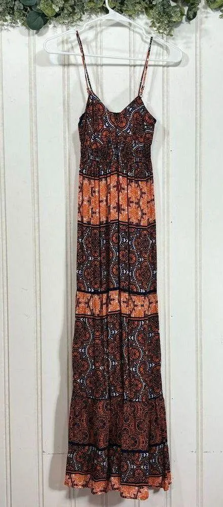AQUA Hippie Boho Orange Navy Blue Strappy Maxi Dress SMALL Feminine - Image 2