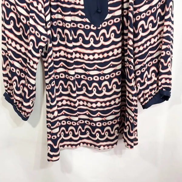 Vineyard Vines Large Top Silk Navy Blue Pink Fish Stripe Print‎ Long Sleeve 635 - Image 5