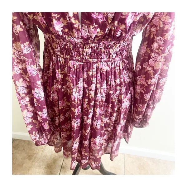 Free People Keep You Floral Moni Dress Plunging Neckline Long Sleeve Smocked - Image 10