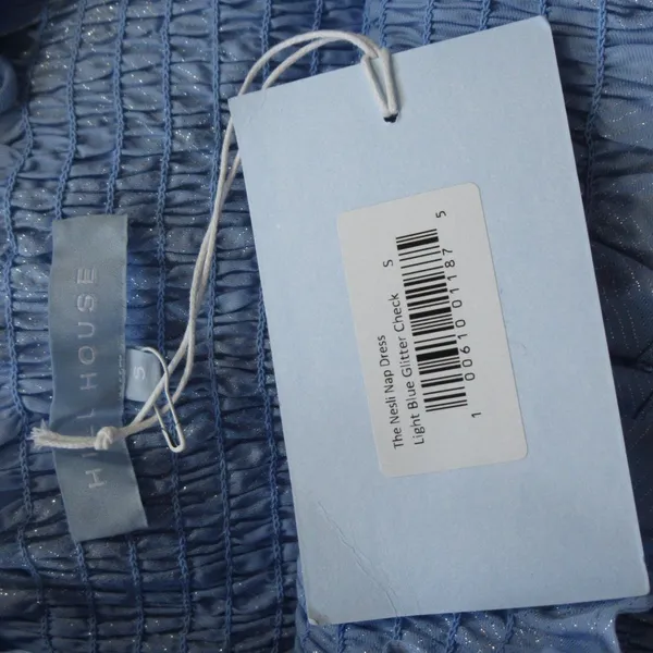 NWT Hill House Nesli Nap Dress in Light Blue Glitter Check Smocked Midi S - Image 3