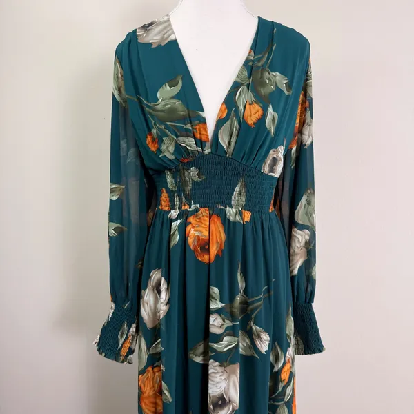 Baltic Born Olivia Teal Green Floral Smocked V-Neck Maxi Dress Long Sleeve 2XL - Image 12