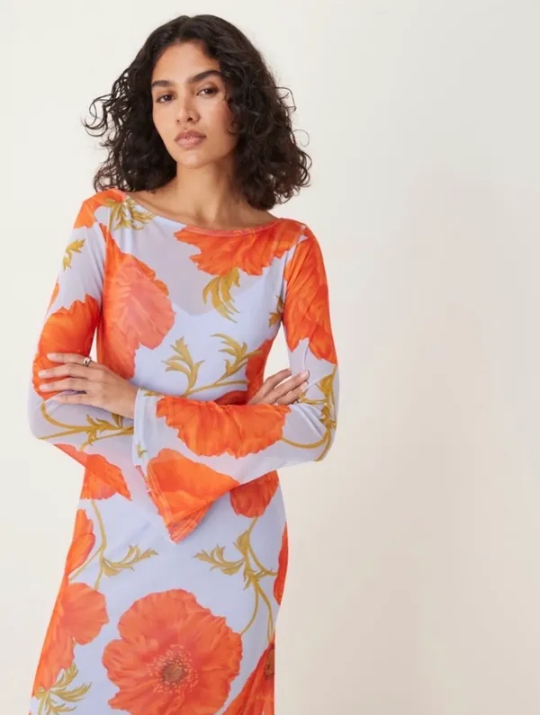 Never Fully Dressed Long Blue & Orange Floral Long Sleeve Dress - Image 2