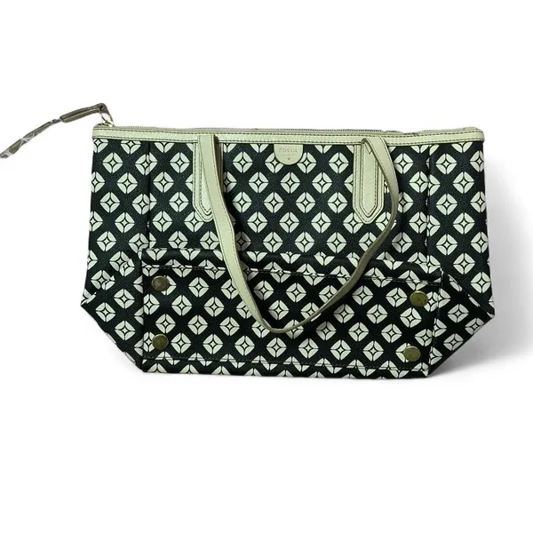 Fossil Tote Bag‎ Black White Geometric Print Coated Canvas Purse Handbag - Image 2