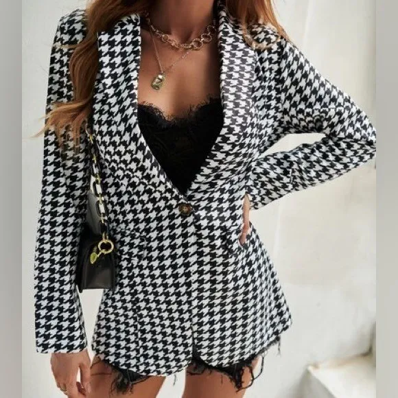 SHEIN Houndstooth Lapel Collar Single-Button Blazer Casual Chic Jacket, XS - Image 8