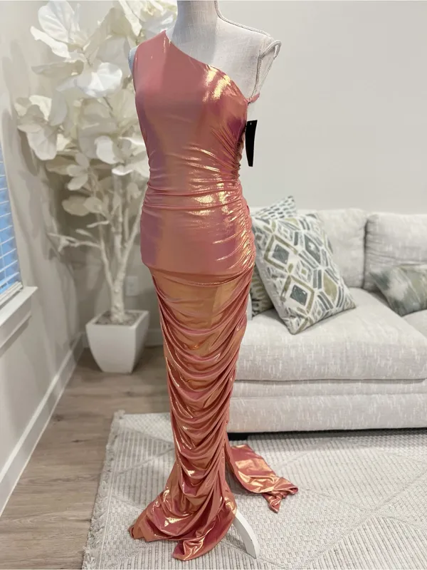 Retrofete Shannon Elegant Golden Peach Metallic Ruched Backless Evening Gown S - Image 8