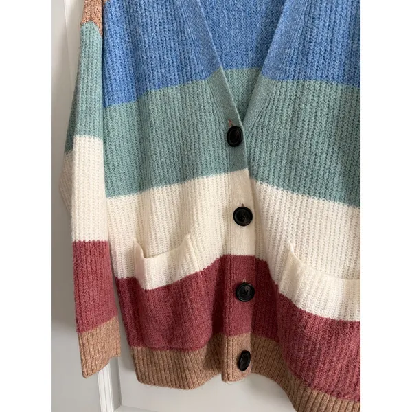 American Eagle Multi Color Striped Button Front Pocket Cardigan Sweater Size M - Image 3