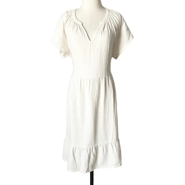 Pact Gauze Midi Dress 100% Organic Cotton Ivory V-Neck Ruffle Hem Tie Back XL - Image 2