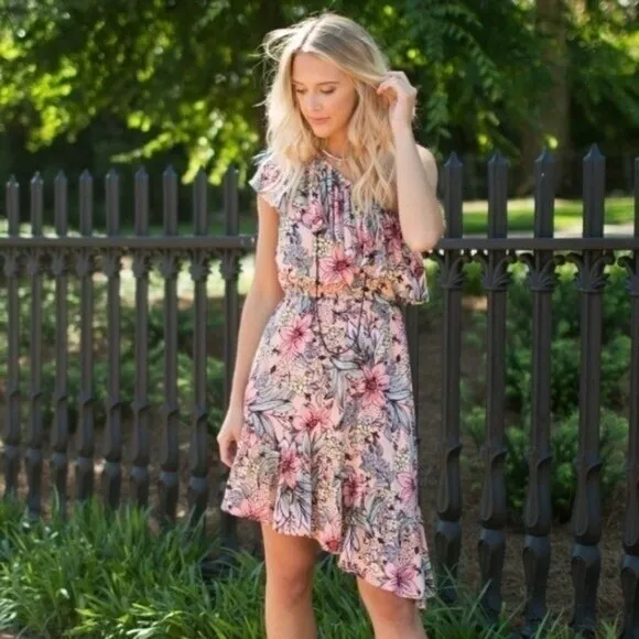 MINKPINK Womens Pink Floral One Shoulder Asymmetric Ruffle Mini Dress‎ Size S - Image 3