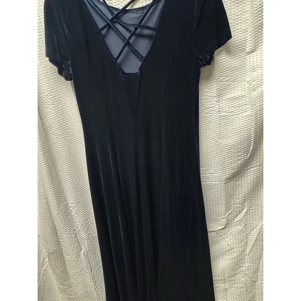 Vintage Caren Desiree Co. Deep‎ Navy Blue Velvet Maxi Dress Size 10 Fitted Flair - Image 4