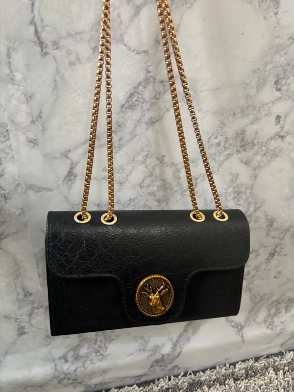 Black Croc-Embossed Handbag with Gold Handle & Crossbody Strap - Image 4