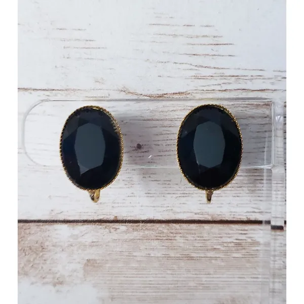 Vintage Clip On Earrings - Black Gem Oval Shape 0.75" - Image 3