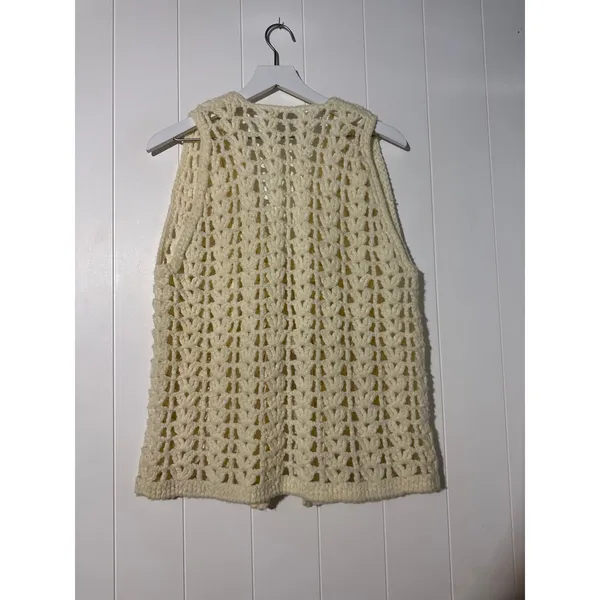 Crochet Sweater Vest Women's Large Ivory Open Knit Pom Pom Tie Sleeveless - Image 5