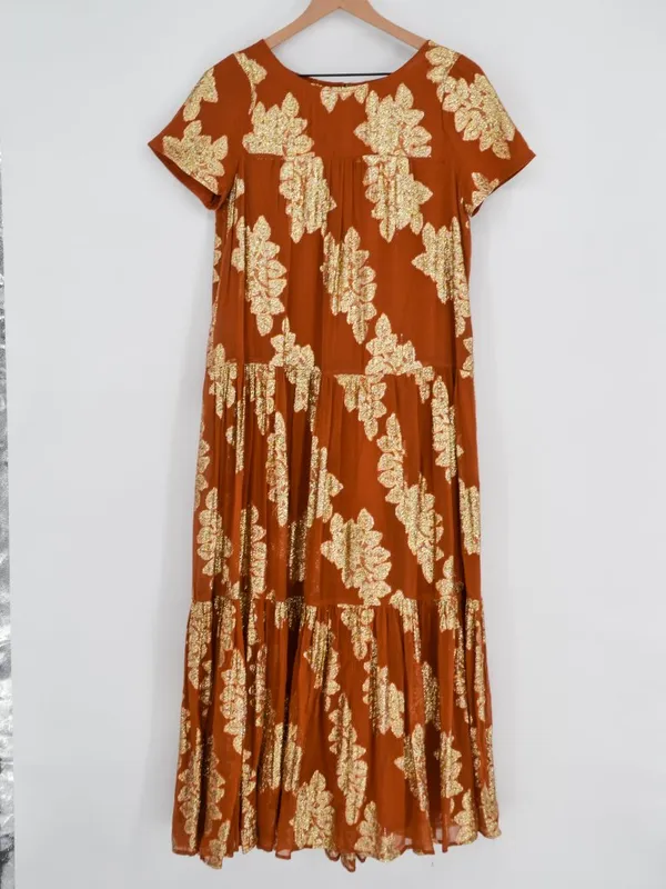 Anthropologie Jocasta Tiered Maxi Dress Burnt Orange Gold Metallic XS - Image 2