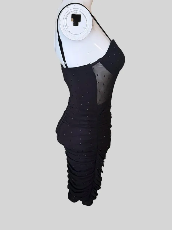 Black Sheer Mesh Bodice Ruched Mini Dress - Image 5