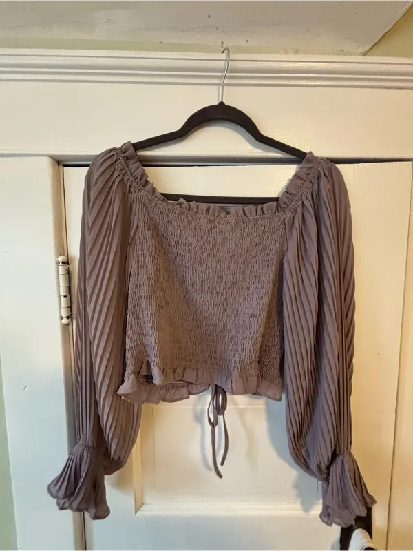 She + Sky Mauve Smocked Peasant Crop Top with Tie Front - Image 4