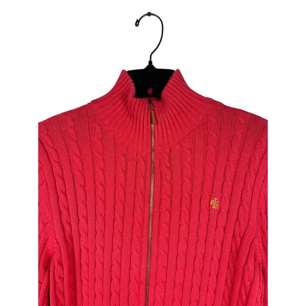 Lauren Ralph Lauren XL Dark Coral Cable Knit Full Zip Sweater Cotton Preppy Logo - Image 2
