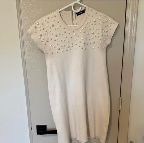 Zara Cream Sweater Dress with Pearl Details - Image 2