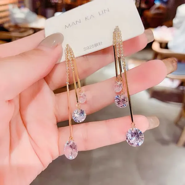 Crystal Long Tassel Dangle Drop Earrings for Women Gold - Image 2