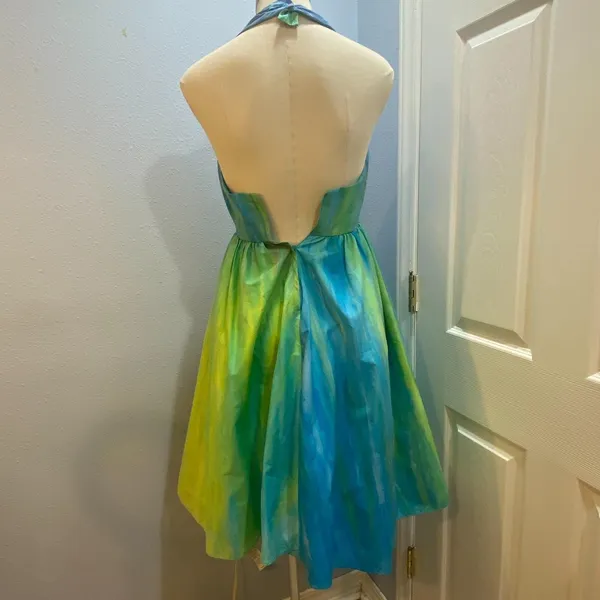 Vintage‎ Handmade Halter Dress Blue Green Watercolor Fit and Flare Fairy Dress 4 - Image 5