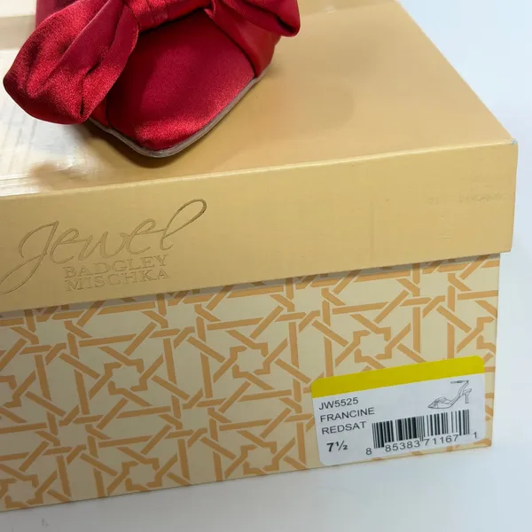 Jewel Badgley Size-7.5 Womens Mischka Francine Red Satin Bow Ankle Strap Pumps - Image 4