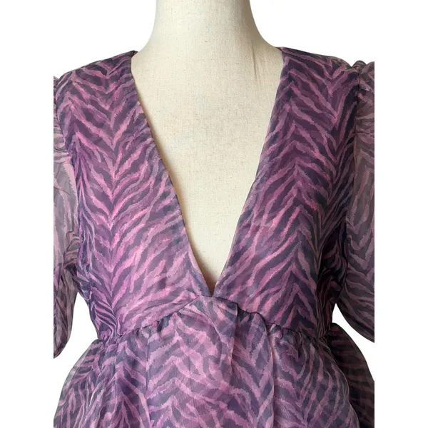 Endless‎ Rose Ella Organza Babydoll Mini Dress Women Medium Purple Zebra Print - Image 4